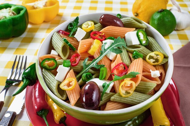 Salade de pâtes à la tomate roquette concombre poivrons poivrons olives noires et vertes