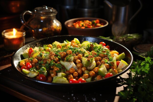 Salade de pois chiches avec des légumes frais dans un bol en métal dans une cuisine vintage générative IA