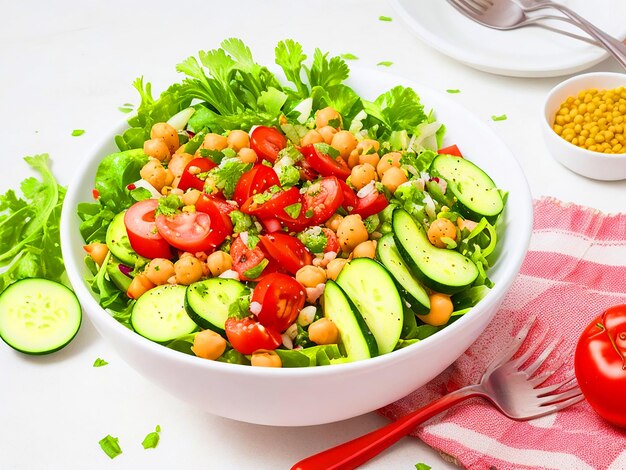 salade de pois chiches tomate concombre radis et nourriture diététique verte bol de Bouddha