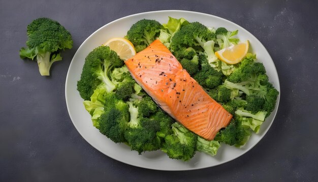 Salade de poisson cuit au four saumon brocoli laitue vue de haut