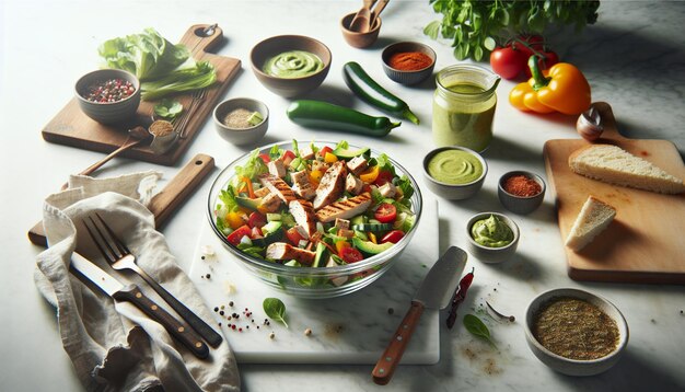 Salade de poulet du sud-ouest avec vinaigre d'avocat sur le comptoir en marbre