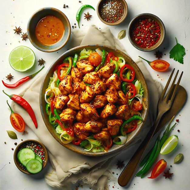 Photo salade de poulet et de légumes dans un bol sur la table à manger