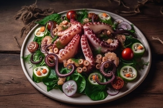 Salade de poulpe Fond sombre Plats de fruits de mer exquis Generative AI