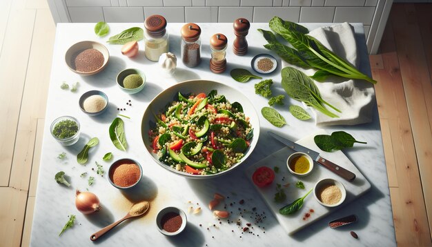 Photo salade de quinoa fraîche sur le comptoir de marbre de la cuisine