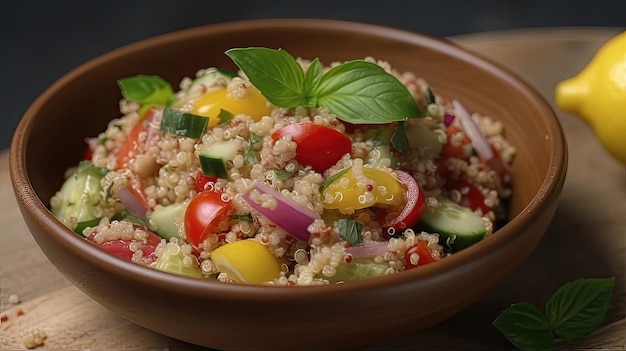 Cette salade de quinoa froide rafraîchissante est remplie de légumes colorés et habillée d'une vinaigrette au citron piquante, ce qui en fait un choix sain et savoureux pour n'importe quel repas. Généré par AI