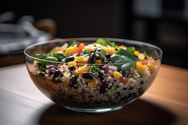 Une salade de quinoa et de haricots noirs dans une assiette claire ai générative