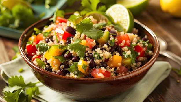 Salade de quinoa et de haricots noirs garnie de coriandre et de citron vert Plat fait maison servant des aliments diététiques rapprochés faciles à préparer Excellence culinaire concept de sophistication Génératif par AI