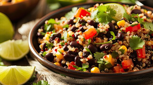 Salade de quinoa et de haricots noirs garnie de coriandre et de citron vert Plat fait maison servant des aliments diététiques rapprochés faciles à préparer Excellence culinaire concept de sophistication Génératif par AI