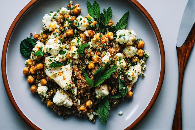 Salade de quinoa avec petits morceaux de fromage et herbes fraîches