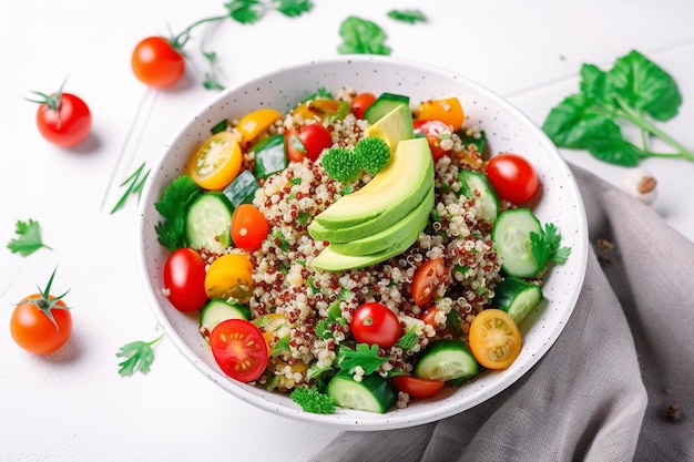 Salade de quinoa tabbouleh avec des tomates cerises rouges, du paprika orange, des concombres d'avocat et du persil, plat traditionnel du Moyen-Orient et de l'Arabie.