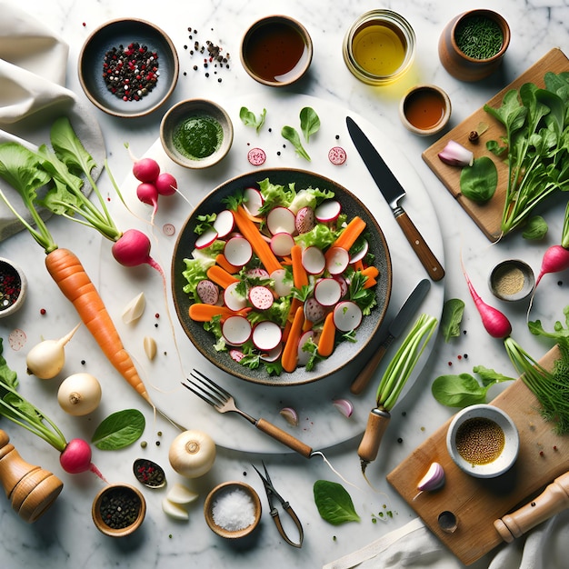 Salade de radis et de carottes avec sauce aux prunes sur un comptoir en marbre