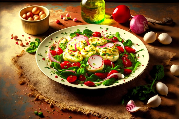 Salade de radis légers pour le dîner avec de l'huile de verdure et des épices sur table créée avec ai générative