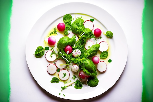 Salade de radis vert sain en plaque blanche sur table