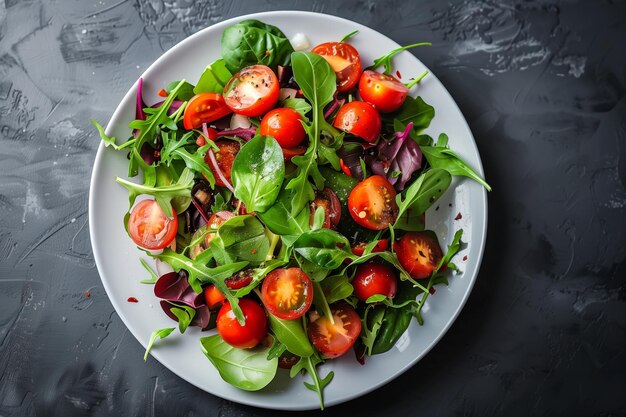 Une salade rafraîchissante avec des tomates mûres et des légumes verts mélangés servie sur une assiette blanche avec un dos texturé