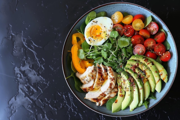 Photo une salade riche en saveur et en nutriments, du poulet, de l'avocat, des tomates et un œuf ketone bouilli.