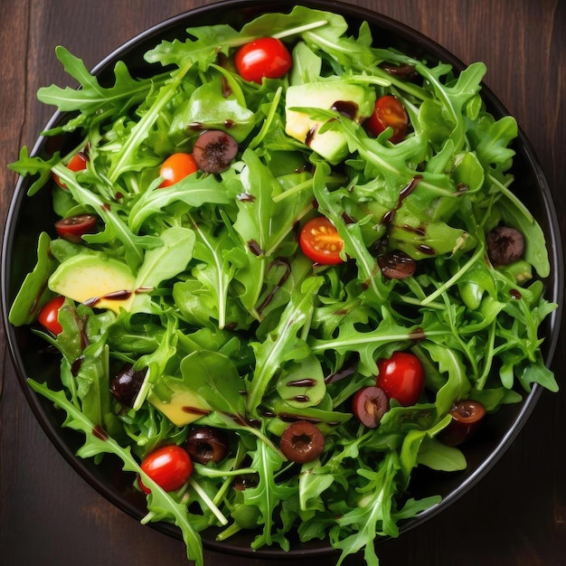 Salade de roquette avocat tomates cerises et olives