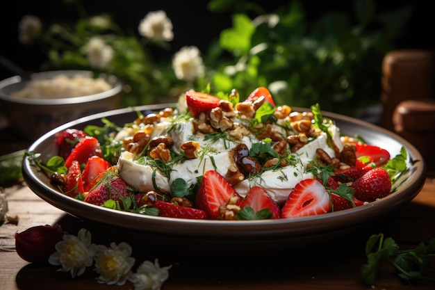 Salade de roquette avec fraises et noix dans un scénario de pays génératif IA