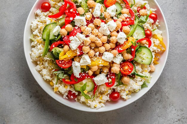 Salade saine à faible teneur en glucides avec du riz au chou-fleur, des légumes frais, du fromage feta et des pois chiches