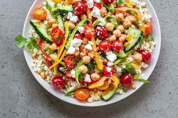 Salade saine à faible teneur en glucides avec du riz au chou-fleur, des légumes frais, du fromage feta et des pois chiches