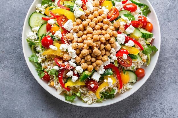 Salade saine à faible teneur en glucides avec du riz au chou-fleur, des légumes frais, du fromage feta et des pois chiches