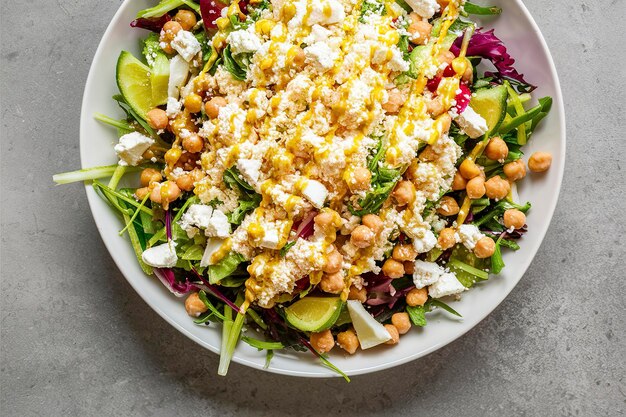 Salade saine à faible teneur en glucides avec du riz au chou-fleur, des légumes frais, du fromage feta et des pois chiches