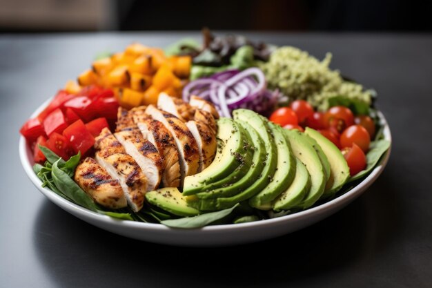 Salade saine avec poulet grillé et avocat sur une assiette