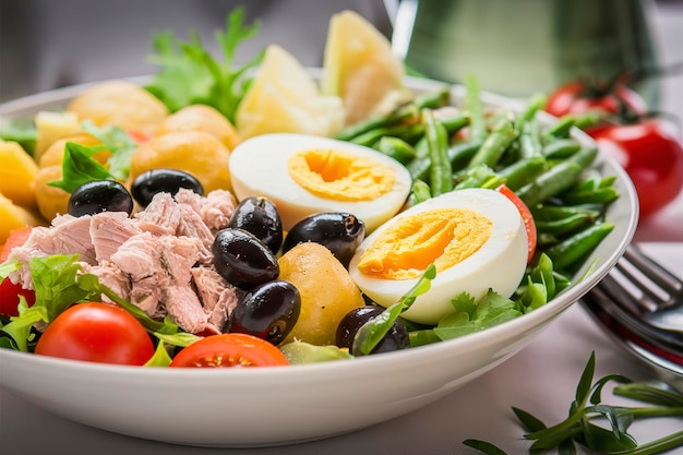 Salade saine de thon, haricots verts, tomates, œufs, pommes de terre, olives noires en gros plan dans un bol sur la table