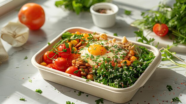 Salade saine avec tomates, oignons, olives et herbes dans un bol