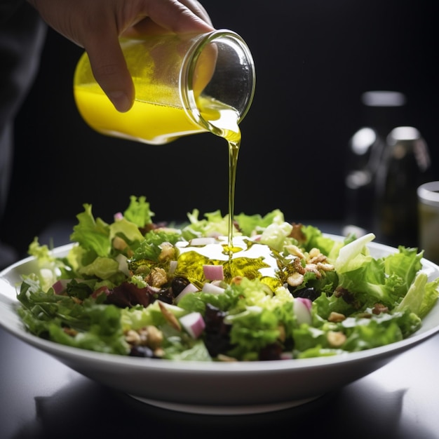 Une salade avec une salade en arrière-plan et une bouteille d'huile d'olive versée dessus.