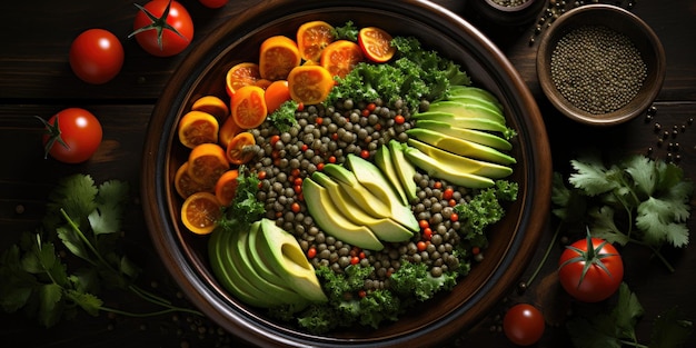 Salade de sarrasin avocat carotte tomate épinards et pois chiches dans un Buddha bowl