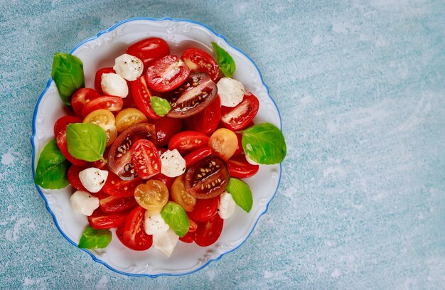 Salade savoureuse à base de tomate cerise, fromage mozzarella et basilic sur plaque blanche avec fourchette. Vue de dessus.