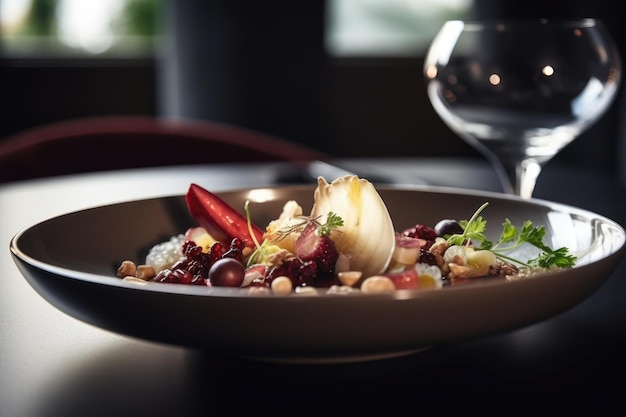 Salade savoureuse avec des noix et des baies servies sur la plaque gros plan Plat de nourriture de qualité Michelin Star vue rapprochée généré par l'IA