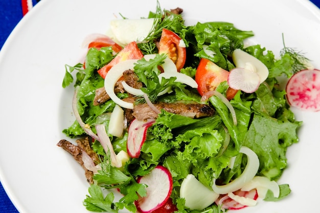 Une salade avec steak, radis et tomates.