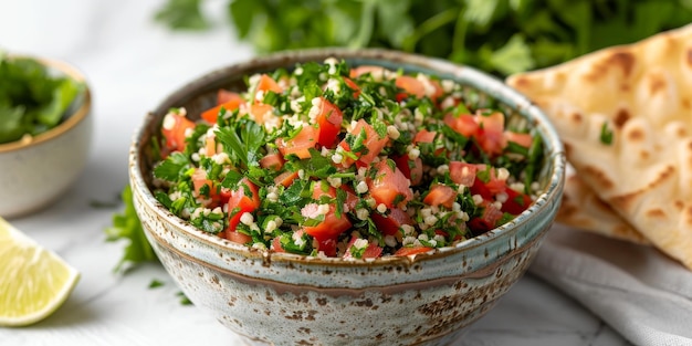 Photo salade de tabbouleh fraîche faite maison dans un bol rustique