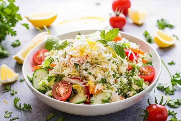 Salade tabbouleh avec riz au chou-fleur, herbes et légumes recette alternative à faible teneur en glucides