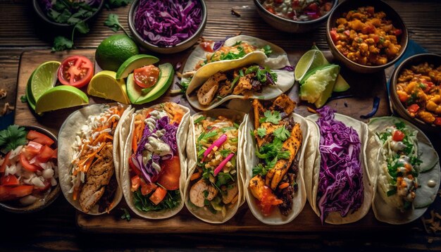 Salade de tacos mexicaine fraîchement préparée sur une assiette en bois générée par l'IA