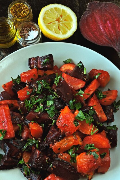 Salade tiède de légumes d'hiver. Salade végétalienne saine avec des légumes au four.