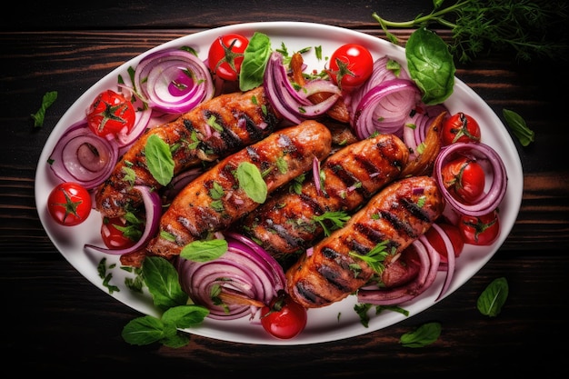 Salade de tomates au basilic avec saucisse grillée et oignons rouges Menu BBQ Bannière Vue de dessus