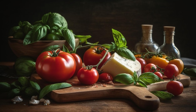 Salade de tomates biologiques fraîches sur une table en bois rustique générée par l'IA