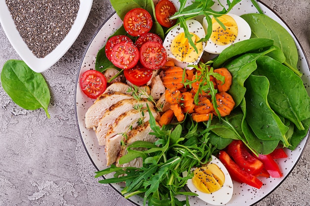 Salade de tomates cerises, poitrine de poulet, œufs, carotte, roquette et épinards