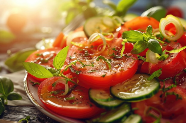 Salade de tomates et de concombres dans une assiette en gros plan nourriture saine faite à partir de légumes frais éclairage solaire