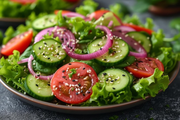 Salade de tomates et de concombres fraîches avec oignon rouge et laitue