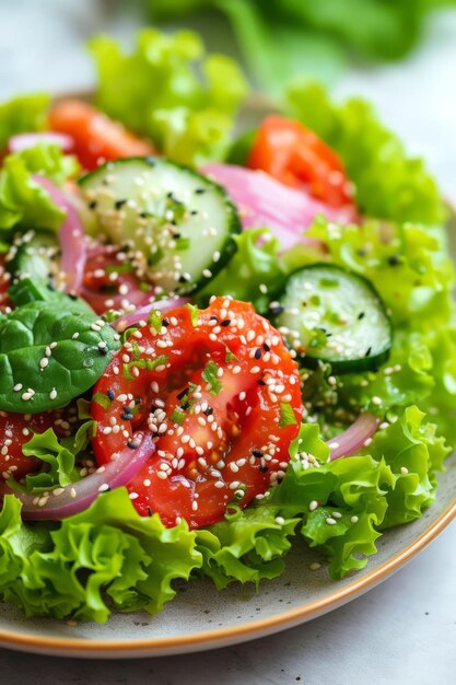 Salade de tomates fraîches et de concombres avec des graines de sésame