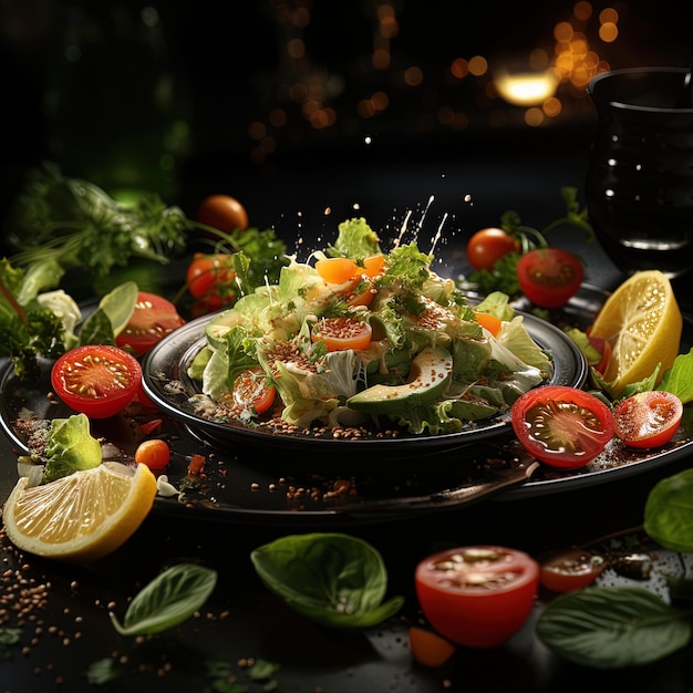 une salade avec des tomates, de la laitue et des tomates sur une table.