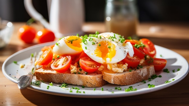 Salade de tomates et d'œufs fraîches avec du pain grillé.