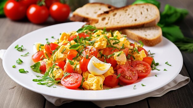 Salade de tomates et d'œufs avec toast de blé entier