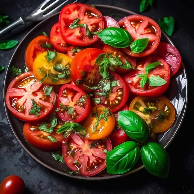 Salade de tomates rouges et jaunes fraîches au basilic Generative AI