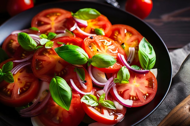 Salade de tomates saines à l'huile d'olive basilic oignon et vinaigre balsamique