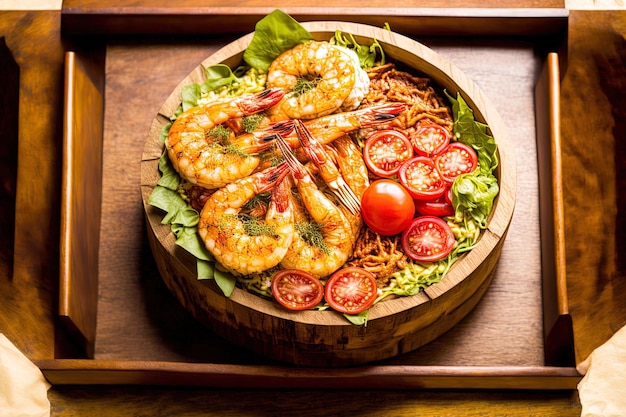 Une salade et des tomates sont disposées dans un plat en bois avec des crevettes frites