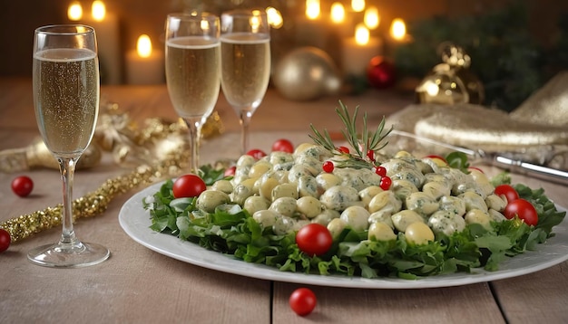 Salade traditionnelle du Nouvel An Olivier Table de Noël et verres de champagne